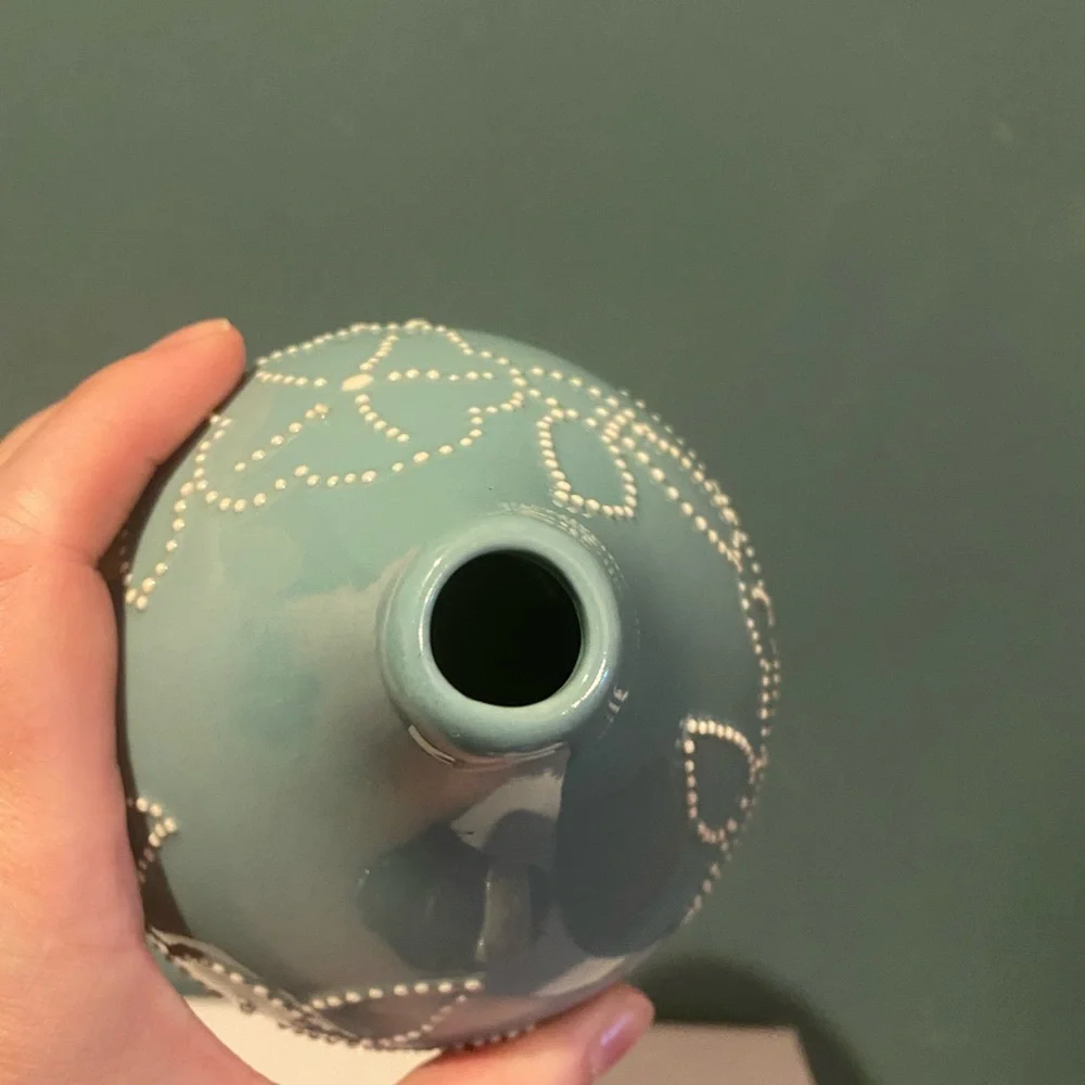 Crate & Barrel Turquoise Vase with Dot Flower Design